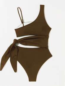 Swim Vcay 女士纯色镂空系带连体泳衣，适合海滩/度假穿着，棕色连体泳衣，镂空连体泳衣，棕色连体泳衣，曲线泳衣套装，全包覆泳衣，巧克力棕色连体泳衣，不对称镂空泳衣，单肩高衩泳衣，镂空连体泳衣，单肩泳衣，棕色比基尼侧镂空连体泳衣，度假风连体泳衣，2026夏季泳衣，显瘦泳衣，奢华度假装，度假必备 - 咖啡棕 - 查看 7