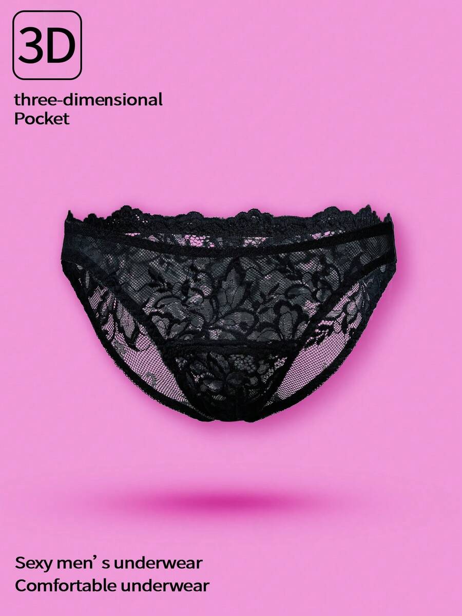 WENEZON Men's Lace Patchwork Sexy Sheer Briefs - Black - View 1