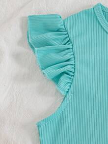 SHEIN 两件套女童休闲百搭绿色针织无袖上衣（荷叶边袖），修身圆领套头衫，松紧腰碎花直筒裤，度假风夏季套装 - 綠色 - 查看 4