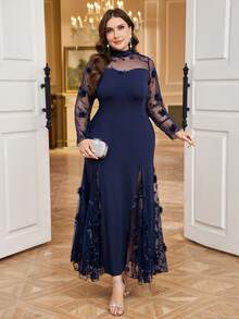 SHEIN Clasi 大码女式优雅花卉装饰网纱拼接高领长袖连衣裙 - 藏蓝色 - 查看 6