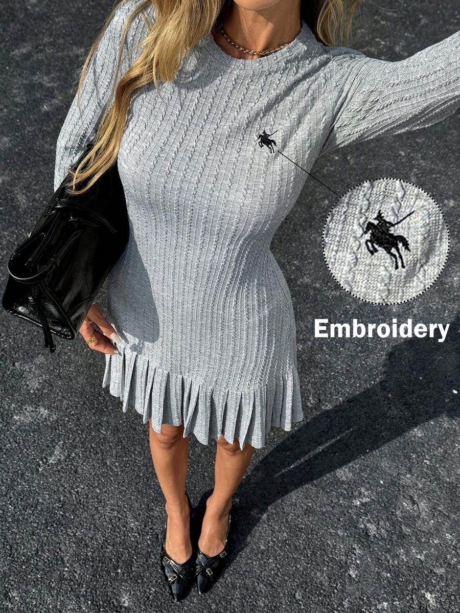 Siren Gaze Vestido casual corto de manga larga con bordado minimalista para mujer - Gris - Ver 1