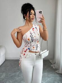 SHEIN Elenzya Áo kiểu dệt kim buộc dây họa tiết hoa nhí, vạt lệch, dành cho nữ. - Nhiều màu - Xem 7