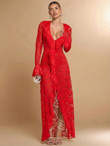 SHEIN BAE Đầm nữ màu trắng trơn, gợi cảm, đơn giản, thanh lịch, tay dài, xếp ly, cổ chữ V sâu, ren, thích hợp cho kỳ nghỉ hè đầu xuân, ngày lễ tình nhân, dự tiệc, hẹn hò lãng mạn, đám cưới, phù dâu, dạ hội, đi làm hàng ngày, sinh nhật, ngày lễ. - Đỏ - Xem 7