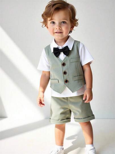 两件套男婴绅士套装，浅绿色背心+束口短裤，优雅纽扣设计，适合生日派对、庆典、婚礼、洗礼等场合，儿童服装，男婴套装，婴儿男童套装