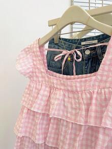 INAWLY 女士秋季新款可爱荷叶边下摆衬衫 - 粉色 - 查看 7