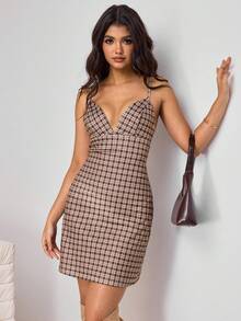 Aidyla 女士性感格纹条纹街头时尚吊带迷你连衣裙 - 咖啡 - 查看 6
