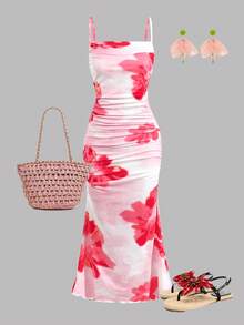 SHEIN Teen Girl Floral Print Ruched Casual Cami Dress - Pink - View 8