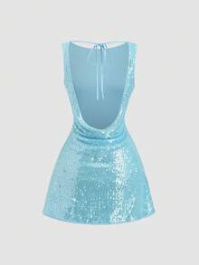 Sweetra Women's New Summer Dress, New Year, Halloween, Christmas Costume, Thanksgiving Outfit, Suitable For Party, Commute, Daily, Travel, Holiday, Women's Sequin Dress, Shiny Dress, Glitter Dress, Summer Dress, Christmas Party Dress, Women's Party Dress, Women's Beach Outfit, Women's Beach Dress, Cinched Waist Bow Design A-Line Sleeveless Mini Dress - Blue - View 2