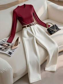 Franclia 女士纯色圆领长袖T恤和褶皱长裤休闲两件套 - 彩色 - 查看 1