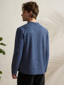 Manfinity Dauomo Áo thun dài tay nam màu trơn, chất liệu dệt kim gân, kiểu dáng thường ngày, đa năng cho việc đi làm, mùa xuân/thu. - Màu xanh lam - Xem 4