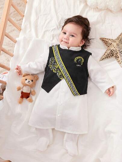 SHEIN 2 st. söta sommarkläder för nyfödda pojkar i svart linne och vit lång morgonrock, lämpliga för födelsedagsfest, kvällsfest, framträdande, bröllop, ettmånadsfirande, dop och babyshower för första födelsedagen