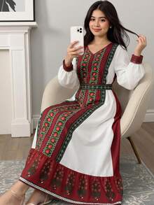 SHEIN White,Autumn,Elegant,Bachelorette Party,Family Matching Vintage Geometric Retro Print Waist Cinched Long Sleeve Lantern Sleeve Arabic Jalabiya Dress - Multicolor - View 1