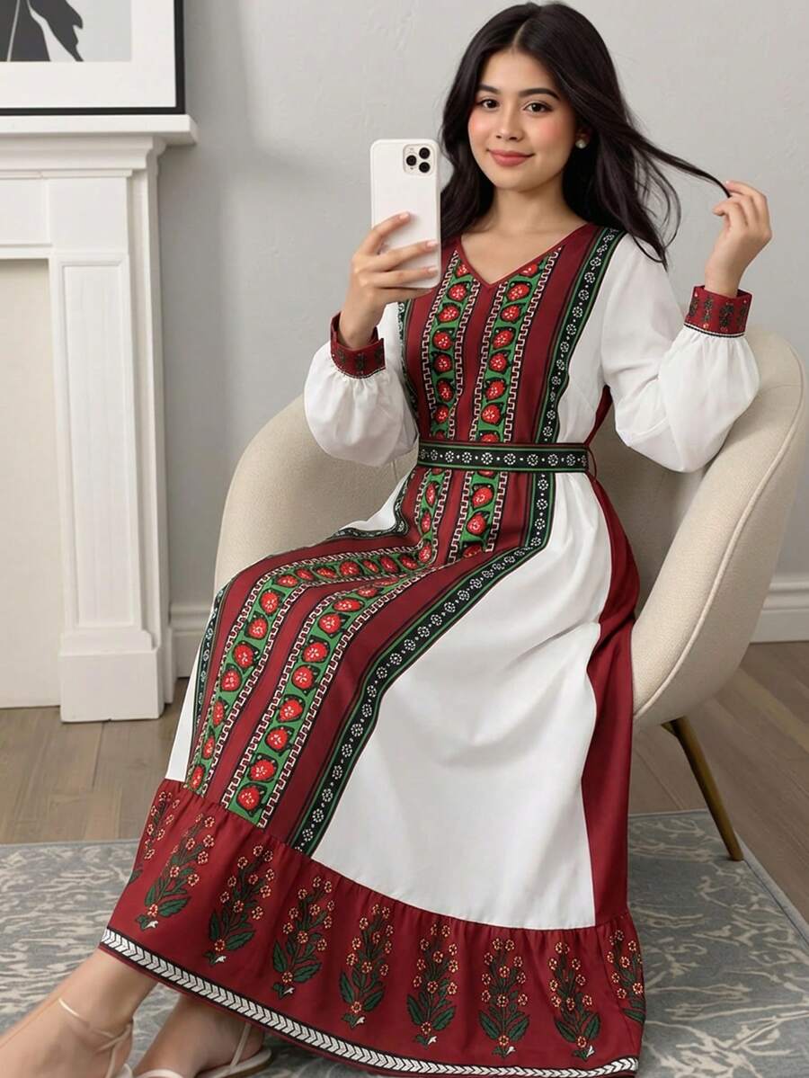 SHEIN White,Autumn,Elegant,Bachelorette Party,Family Matching Vintage Geometric Retro Print Waist Cinched Long Sleeve Lantern Sleeve Arabic Jalabiya Dress - Multicolor - View 1
