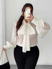 Elenzga 大码优雅通勤波点印花系领灯笼袖衬衫 - 杏色 - 查看 2