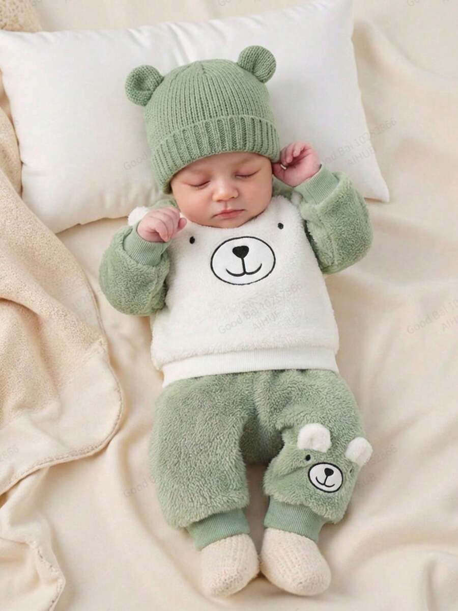 Vintaside Kids Bộ áo dài tay và quần dài họa tiết gấu dễ thương cho bé trai, phối màu xanh lá cây và trắng, thích hợp mặc hàng ngày, trong nhà và ngoài trời, mùa thu/đông. - màu xanh lá - Xem 1