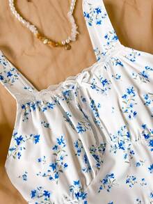 Teen Girls' White Pastel Floral Sundress,Square Neck Adjustable Spaghetti Straps Ruched Bodice Flowy Midi Skirt,Summer Vacation Wedding Guest Holiday - Multicolor - View 4