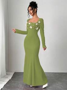Modelyn Vestido de Festa Elegante Feminino com Decote Quadrado, Decoração de Flor de Pérola e Cauda de Sereia - Verde - Visão 7