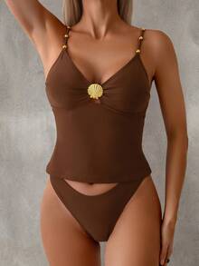 Swim Basics Bộ bikini dây mảnh cổ điển hình chữ V khoét sâu đính hạt vàng, thời trang cho kỳ nghỉ - màu nâu - Xem 3