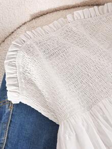 CosyJoli 大码女式纯色荷叶边抹胸上衣 白色镂空上衣 镂空衬衫 白色娃娃衫 白色波西米亚风上衣 春季女装，春季女式上衣 - 白色 - 查看 4