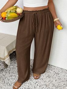 SHEIN Frenchy Plus Size Women Casual Ruffle Waist Tie Pants Fall - Rust Brown - View 1