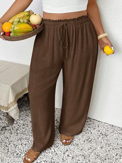 SHEIN Frenchy Plus Size Women Casual Ruffle Waist Tie Pants