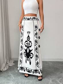 SHEIN Elenzya Falda larga con estampado elegante de patrón de Oriente Medio para mujeres - Multicolor - Ver 3