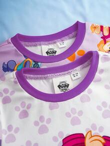 SHEIN | PAW Patrol 女童卡通可爱狗狗印花修身睡衣套装，包含上衣和裤子，秋冬款 - 紫色 - 查看 8