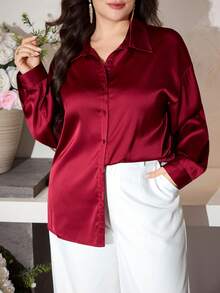 Modelyn Plus Size Women Loose Fit Satin Long Sleeve Shirt, Suitable For Commuting, Autumn - Burgundy - View 7