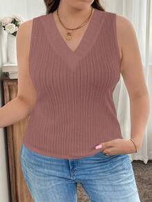 SHEIN LUNE 柔软磨毛V领无袖加大码吊带背心 - 粉色 - 查看 5