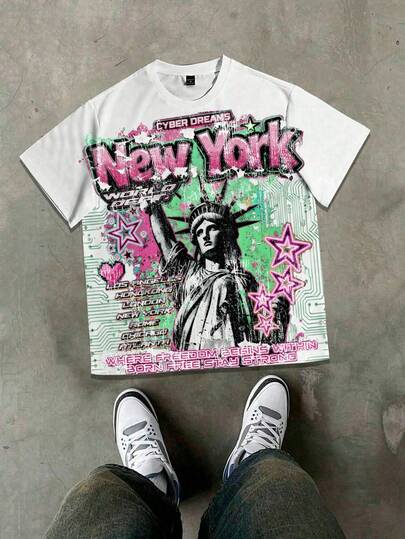Manfinity EMRG Men's White New York Cyber Dreams Statue Of Liberty Pop Art Print T-Shirt | Y2K Futuristic Circuit Board Star Graffiti Graphic Tee | American Landmark World City Freedom Slogan Crew Neck Short Sleeve Top | Streetwear Neon Splash Bold Colorful Distressed Loose Fit Shirt | Urban Hip Hop Punk Aesthetic Summer Casual Wear | Soft Breathable Born Free Stay Strong Daily Outdoor Vacation Outerwear,Men's Slogan & Pentagram Print Round Neck Short Sleeve Casual T-Shirt