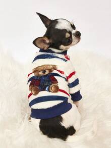 PETSIN 1件印花安静泰迪熊法兰绒卫衣，厚实保暖，适合宠物秋冬季穿着，蓝、白、红三色可选 - 彩色 - 查看 2