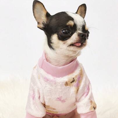 PETSIN 1 Printed Teddy Bear Bow Flannel Sweatshirt, Pet Autumn And Winter Thick And Warm Pink Version