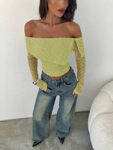 Aloruh Women's Casual Commuter Solid Color Textured Off-Shoulder Top - Green - View 5