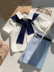 SHEIN 男宝宝夏季休闲可爱学院风蓝白条纹短袖衬衫、松紧腰短裤、披肩绅士套装，适合生日派对、锐舞派对、晚宴、演出、婚礼、迎婴派对、一周岁生日庆祝等场合。 - 彩色 - 查看 8