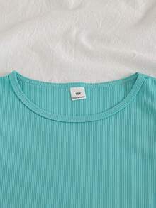 SHEIN 两件套女童休闲百搭绿色针织无袖上衣（荷叶边袖），修身圆领套头衫，松紧腰碎花直筒裤，度假风夏季套装 - 綠色 - 查看 3