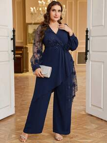 Reflora Bộ đồ dự tiệc thanh lịch dành cho nữ cỡ lớn: Áo dài tay cổ chữ V vạt không đều xếp ly phối màu tương phản + Quần ống đứng ôm sát - Màu xanh hải quân - Xem 7