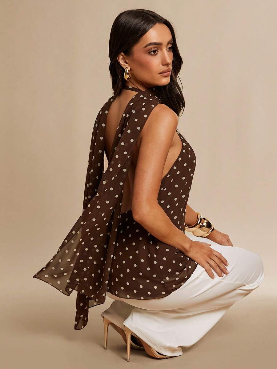 Silquee 女士吊带金属扣波点衬衫，春夏款 - 棕色 - 查看 1