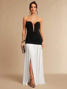 Silquee 夏季新款黑色性感深V领无袖连衣裙，收腰白色高开衩裙摆，优雅显瘦，适合外出、社交活动、度假、浪漫约会。 - 黑與白 - 查看 3