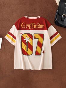 HARRY POTTER X SHEIN Áo thun nữ dáng rộng cổ chữ V phối màu tương phản, phong cách thường ngày đường phố, in hình hoạt hình và số, thích hợp cho mùa hè. - Màu be - Xem 2