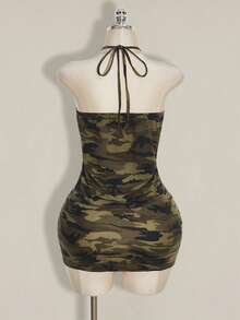 SHEIN ICON Plus Size Retro Sexy Country Y2K Streetwear Camouflage Halter Bodycon Mini Dress For Women Neck Camo Casual Date Night Rave Concert Olive Green Summer - Multicolor - View 2