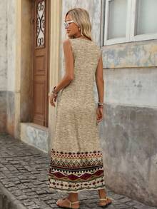 Brillora 休闲简约度假风波西米亚优雅复古卡其色亚麻印花无袖中长连衣裙，适合春夏穿着，舒适百搭。 - 彩色 - 查看 2