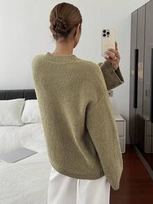 Livesso Damen Loose Fit V-Ausschnitt Strickpullover, Business Lässig, modischer Street-Style, Unifarbe, geeignet für Herbst/Winter, Neujahr, Weihnachten - Braun - Übersicht 3