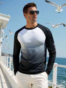 Manfinity Swimmode 男士字母印花插肩长袖冲浪T恤 游艇服 男士邮轮服装 男士长袖夏季T恤 男士泳装 - 灰色 - 查看 4