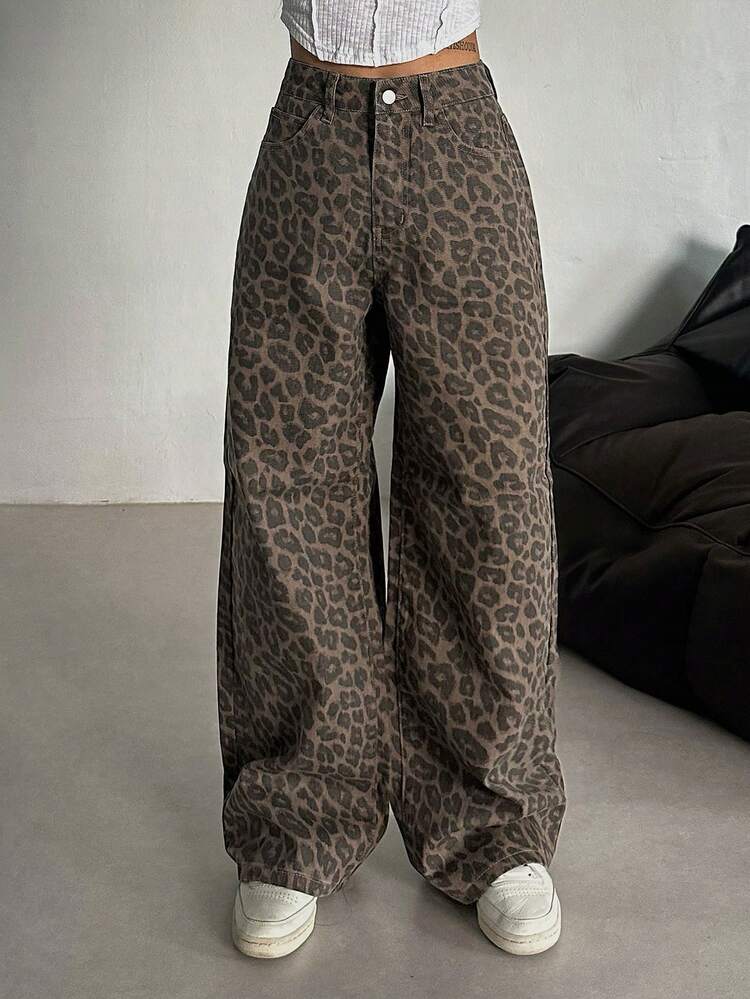 Women's Casual Loose Straight Leg Leopard Print Jeans