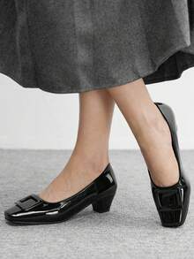 CUCCOO BIZCHIC Black Square Toe Backless Mid-Heel Buckle Strap Women Shoes - Black - View 3
