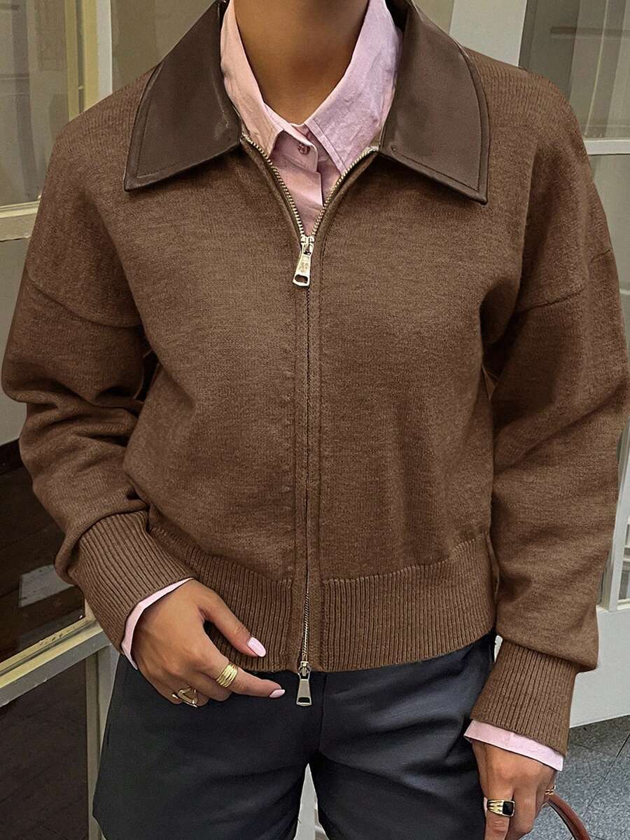 DAZY Damkofta i PU-läder med lapptäcke och dragkedja, höst - Kaffebrun - Visa 1