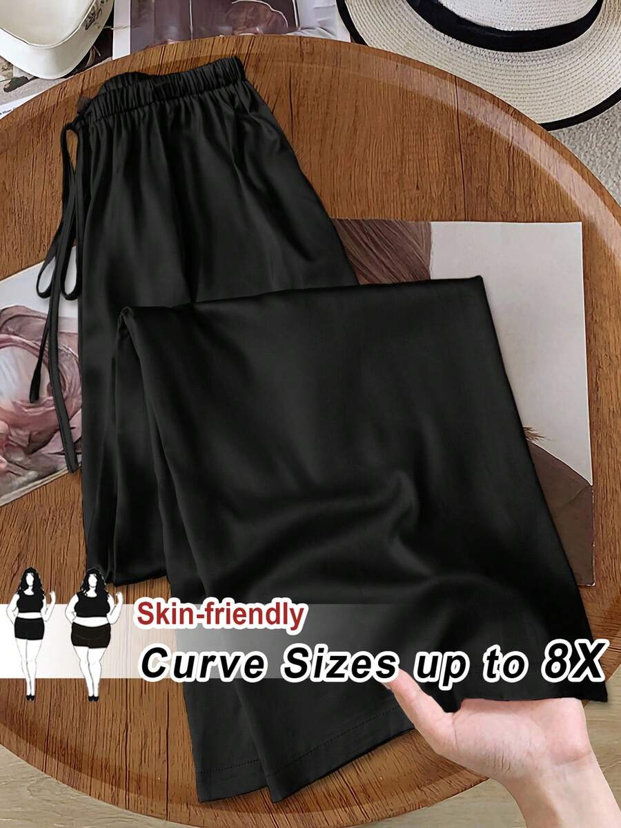 SHEIN CURVE+ 女士休闲亮面缎面低腰阔腿裤，适合简约休闲装扮和通勤穿着，春夏款 - 黑色 - 查看 1