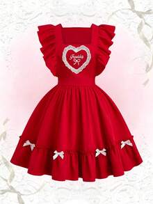 Sweetra Sweet Valentine's Day Character Red Short Dress With Flutter Sleeves And A Fitted Waist Red Dress Lolita Dress Heart Dress Kawaii Dress Bows Dress New Year - Red - View 1