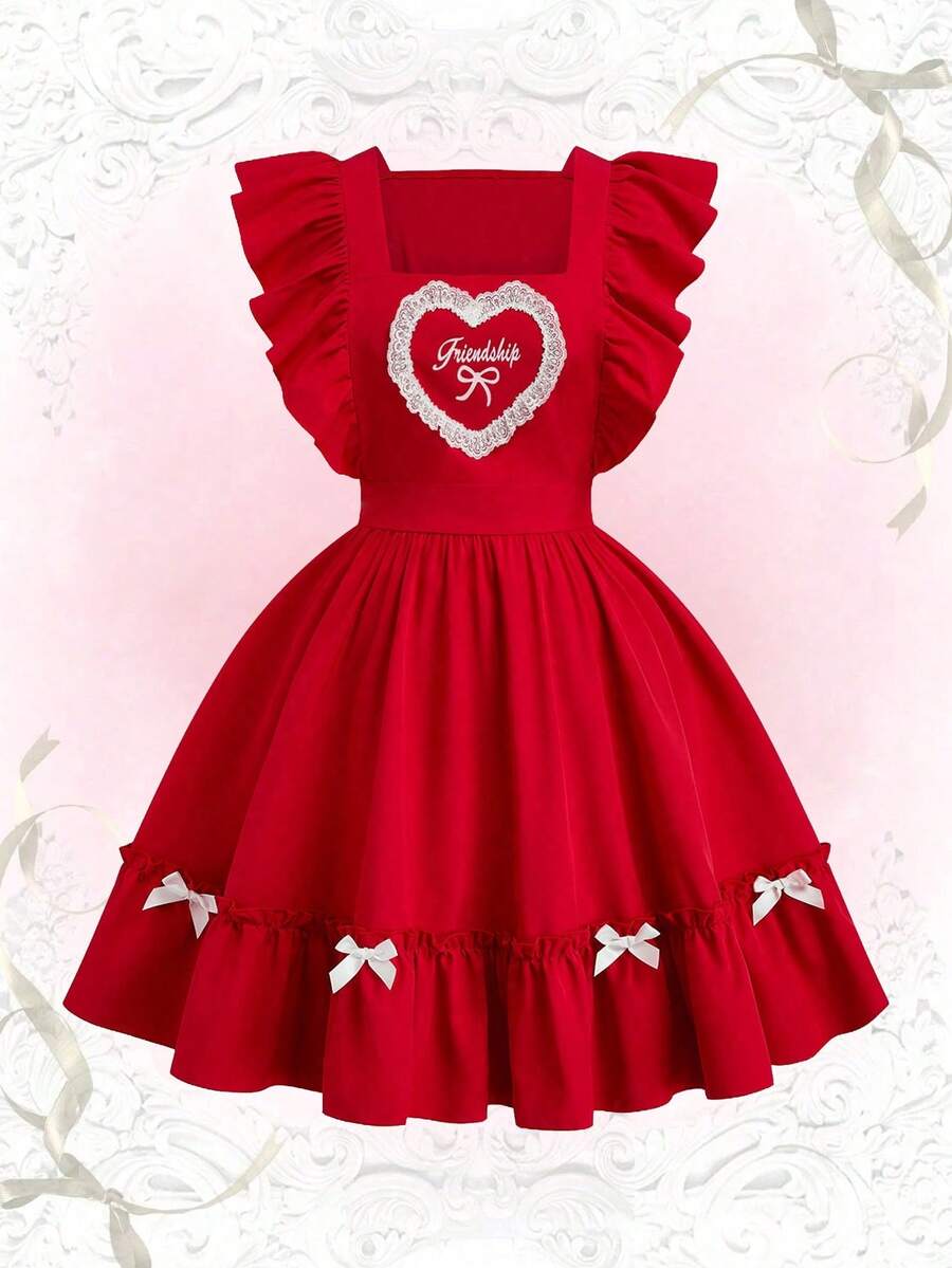Sweetra Sweet Valentine's Day Character Red Short Dress With Flutter Sleeves And A Fitted Waist Red Dress Lolita Dress Heart Dress Kawaii Dress Bows Dress New Year - Red - View 1