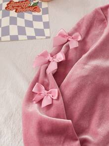 Young Girl' Pink Velvet Bow Casual Outfit - Pink - View 4